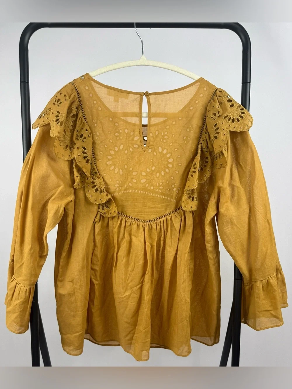 A Loves A Mustard Eyelet Embroidered Ruffle Boho Peasant Top Large Cotton